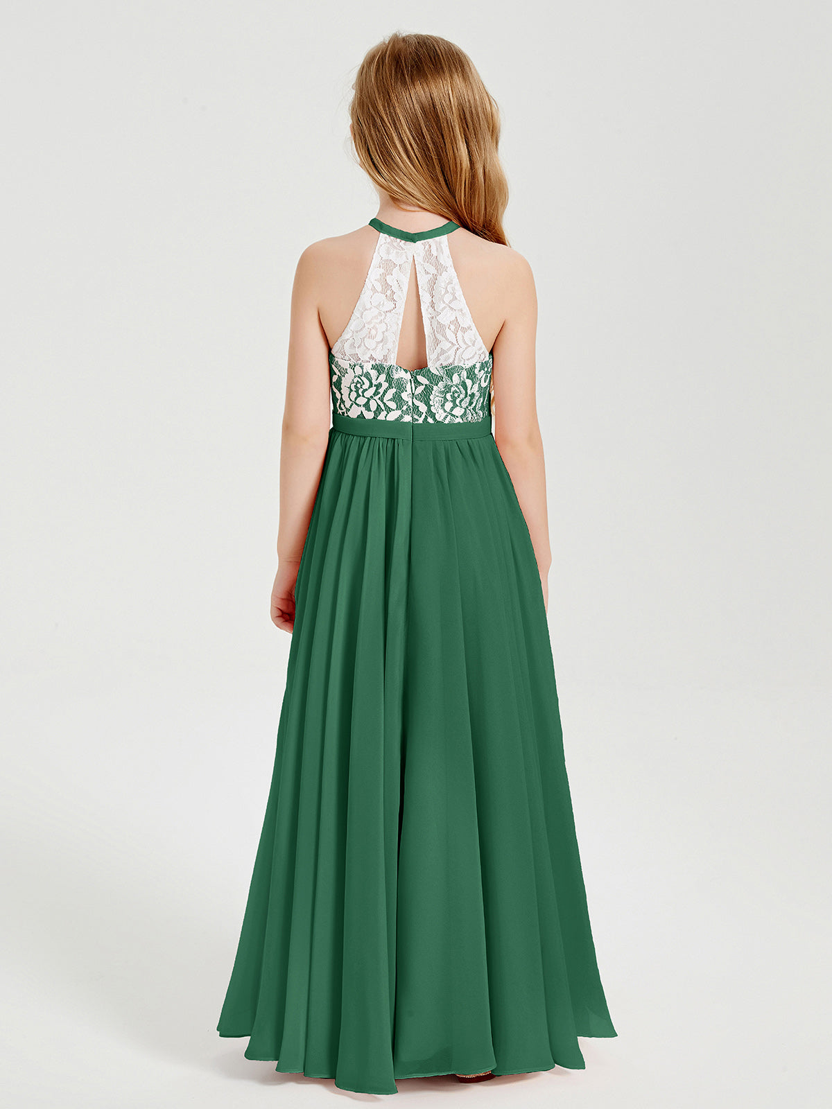 Lace Top Long Chiffon Bridesmaid Dresses Dark Green